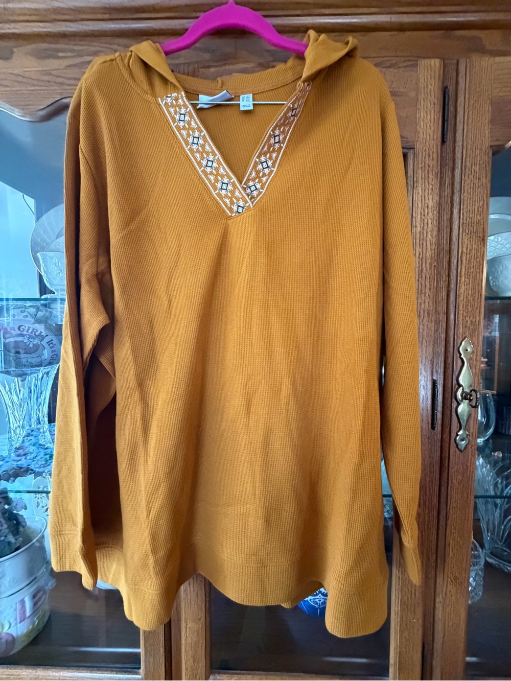 Denim & Co Waffle Knit Hooded Top 2X Gold Mustard Embroidered V-Neck NWOT, $25